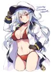  1girl belt bikini bikini_under_clothes black_gloves breasts cleavage coat collarbone cowboy_shot dated gangut_(kantai_collection) gloves grey_hair hand_on_hip hat kantai_collection long_hair looking_at_viewer odawara_hakone orange_eyes peaked_cap red_bikini simple_background solo standing swimsuit swimsuit_under_clothes twitter_username white_background white_coat white_headwear 