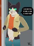  clothed clothing danny_(nitw) domestic_cat english_text exhibitionism felid feline felis fur genitals hi_res lineless male mammal multicolored_body multicolored_fur night_in_the_woods penis solo teot text two_tone_body two_tone_fur video_games 
