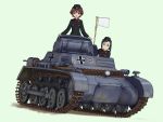  2girls akaboshi_koume black_eyes black_hair blue_eyes brown_hair caterpillar_tracks commentary_request emblem flag fuzuki_hajime girls_und_panzer glasses green_background ground_vehicle hat kuromorimine_(emblem) kuromorimine_military_uniform military military_hat military_vehicle motor_vehicle multiple_girls panzerkampfwagen_i sangou_(girls_und_panzer) short_hair smile tank white_flag 