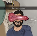  anatomically_correct anatomically_correct_genitalia anatomically_correct_penis animal_genitalia animal_penis anthro balls beard bodily_fluids can&#039;t_see_the_haters canid canine canine_penis canis claws duo english_text erection facial_hair genital_fluids genitals human knot male male/male mammal meme penis penis_on_face penis_on_head precum reyes_(sepulte) selfie sepulte smile text these_aren&#039;t_my_glasses vein veiny_penis wolf 