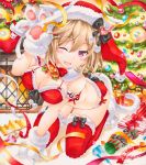  1girl 2016 animal_ears artist_name bell bikini breasts cat_ears cat_girl cat_tail christmas christmas_ornaments christmas_tree cleavage colored_pencil_(medium) fang fangs gift hat heart large_breasts light_brown_hair looking_at_viewer marker_(medium) one_eye_closed original pink_eyes santa_bikini santa_hat smile solo swimsuit tail traditional_media yukitsuki_kokoro 