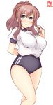  1girl alternate_costume artist_logo black_buruma blush breasts brown_hair buruma commentary_request dated disconnected_mouth grey_eyes gym_uniform hair_between_eyes highres holding holding_hair kanon_(kurogane_knights) kantai_collection large_breasts looking_at_viewer ponytail saratoga_(kantai_collection) shirt sidelocks simple_background solo standing t-shirt white_background white_shirt 