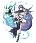  1girl absurdly_long_hair aqua_eyes asymmetrical_clothes asymmetrical_legwear belt belt_pouch boots bracelet capelet earrings eyepatch fins full_body gloves gold_trim jewelry ji_no long_hair looking_at_viewer ningyo_hime_(sinoalice) official_art partly_fingerless_gloves pouch purple_hair single_glove single_pantsleg sinoalice solo transparent_background very_long_hair water 