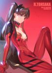  1girl black_ribbon bodysuit breasts commentary cosplay crossover fate/grand_order fate_(series) green_eyes hair_ribbon highres long_hair neon_genesis_evangelion plugsuit red_bodysuit ribbon shikinami_asuka_langley shikinami_asuka_langley_(cosplay) shiny shiny_skin siino solo souryuu_asuka_langley tohsaka_rin torn_bodysuit torn_clothes twintails 