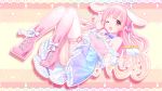  animal_ears kusumoto_shizuru long_hair pink_hair red_eyes skirt stockings wink 