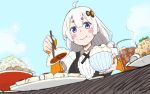  1girl :&gt; ahoge black_dress blue_eyes blue_sky blush_stickers bowl braid chopsticks commentary cup dress drinking_glass dumpling eating elbow_gloves fingerless_gloves food food_on_face fried_rice from_below full_mouth gloves grey_hair hair_ornament holding holding_bowl holding_chopsticks ice iced_tea jiaozi kizuna_akari meal orange_gloves peas plate rice rice_on_face shirt sky solo spoon tasuke thick_eyebrows upper_body vocaloid voiceroid white_shirt 