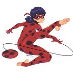  1girl artist_name black_hair blue_eyes bodysuit breasts commentary domino_mask english_commentary feet full_body jumping ladybug_(character) looking_at_viewer marinette_dupain-cheng mask medium_breasts medium_hair miraculous_ladybug parted_lips polka_dot pose red_bodysuit simple_background smile solo squeezable_(artist) stirrup_legwear toeless_legwear toes white_background yo-yo 