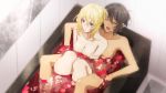  2girls alternate_hairstyle amazuki_jou andou_(girls_und_panzer) bangs bath bathing bathtub black_hair blonde_hair blue_eyes blurry breasts cleavage closed_eyes closed_mouth commentary dark_skin eyebrows_visible_through_hair frown girls_und_panzer hair_up highres medium_breasts medium_hair messy_hair multiple_girls nude open_mouth oshida_(girls_und_panzer) partially_submerged petals rose_petals shared_bathing short_hair sitting sweat yuri 