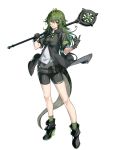  1girl absurdres antenna_hair arknights bangs bare_legs bike_shorts black_footwear black_gloves black_shirt black_shorts boots brown_eyes chinese_commentary commentary_request crocodilian_tail full_body gavial_(arknights) gloves green_hair hair_between_eyes hands_up hercule_(zho_yue_yu) highres holding holding_staff long_hair looking_at_viewer pouch shirt short_sleeves shorts simple_background smile solo staff standing thighs white_background 