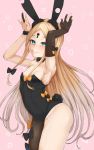  1girl abigail_williams_(fate/grand_order) animal_ears arched_back armpits asymmetrical_legwear bangs black_bow black_gloves black_legwear black_leotard blonde_hair blue_eyes bow breasts bunny_ears bunny_pose bunny_tail closed_mouth covered_navel elbow_gloves fate/grand_order fate_(series) forehead gloves hair_bow hands_up heart highleg highleg_leotard highres jewelry keyhole leotard long_hair multiple_bows orange_bow parted_bangs pink_background polka_dot polka_dot_bow ring shin_(rwkk8733) single_glove small_breasts smile tail thighs 