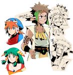  1girl 2boys blue_eyes breasts brown_hair closed_mouth feena_(grandia) grandia grandia_i green_eyes green_hair hair_ornament hair_tubes hat headband jewelry justin_(grandia) long_hair multiple_boys necklace open_mouth pointy_ears rapp_(grandia) smile tattoo 