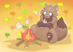  2020 absurd_res ambiguous_gender anthro brown_body brown_fur canid canine eyes_closed fire food fur hi_res kemono mammal raccoon_dog sitting slightly_chubby solo tanuki tinntira 