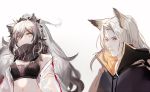  1boy 1girl animal_ears apple_da-ze arknights bangs black_cloak breasts cat_ears cloak commentary crop_top eyebrows_visible_through_hair grey_eyes hair_over_one_eye hellagur_(arknights) high_collar long_hair midriff navel pointy_hair schwarz_(arknights) silver_hair simple_background small_breasts stomach upper_body white_background 
