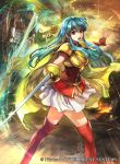  1boy 1girl aqua_eyes aqua_hair armor bangs boots bracelet breastplate cape castle cloud cloudy_sky commentary_request earrings eirika_(fire_emblem) elbow_gloves ephraim_(fire_emblem) fingerless_gloves fire_emblem fire_emblem:_the_sacred_stones fire_emblem_cipher gloves holding holding_sword holding_weapon jewelry long_hair looking_at_viewer official_art open_mouth outdoors polearm rapier red_footwear short_hair short_sleeves shoulder_armor simple_background skirt sky spear sunset sword thigh_boots thighhighs wada_sachiko weapon white_skirt zettai_ryouiki 