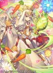 1girl animal animal_ears bangs bunny_ears carrot closed_mouth commentary_request company_connection company_name day dress egg fire_emblem fire_emblem_cipher fire_emblem_heroes floating floating_object flower food gloves goblet grey_hair hair_ornament heart horse long_hair official_art outdoors pantyhose puffy_short_sleeves puffy_sleeves red_eyes see-through short_dress short_sleeves smile sparkle umiu_geso veronica_(fire_emblem) white_dress white_legwear 