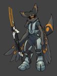  3:4 3_fingers 4_ears ambiguous_gender armor avali black_armor black_body black_feathers black_sclera chest_tuft clothed clothing compound_lift feathers fingers fully_clothed grey_background grey_body grey_feathers hi_res holding_object holding_weapon looking_at_viewer melee_weapon multi_ear orange_body orange_eyes orange_feathers simple_background solo standing sword toes tuft weapon white_armor wings 