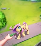  2020 collar conditional_dnp cutie_mark detailed_background digital_media_(artwork) disembodied_hand duo equid equine eyebrows female feral feral_female fluttershy_(mlp) friendship_is_magic grass hasbro hi_res human leash mammal my_little_pony outside pegasus smile solo_focus sugarlesspaints text url wings 