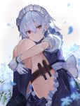  1girl blue_flower commentary flower gloves holster izayoi_sakuya knees_to_chest knees_up knife leg_hug looking_at_viewer maid_headdress petals red_eyes rin_falcon sheath sheathed short_sleeves silver_hair sitting skirt socks solo thigh_holster touhou waist_bow white_gloves 