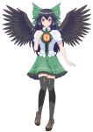  1girl absurdres bird_wings black_hair black_legwear black_wings blush bow breasts brown_footwear collar commentary_request frilled_collar frills full_body green_bow green_skirt hair_bow hand_on_own_chest highres large_breasts long_hair looking_at_viewer o1118 puffy_short_sleeves puffy_sleeves red_eyes reiuji_utsuho shirt short_sleeves simple_background skirt solo standing thighhighs touhou triangle very_long_hair white_background white_shirt wings zettai_ryouiki 