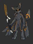  3:4 3_fingers 4_ears 4_toes ambiguous_gender avali black_body black_feathers black_sclera chest_tuft compound_lift feathers fingers grey_background grey_body grey_feathers hi_res holding_object holding_weapon looking_at_viewer melee_weapon multi_ear nude orange_body orange_eyes orange_feathers simple_background solo standing sword toes tuft weapon wings 