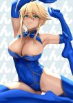  1girl ahoge areola_slip areolae armpits arms_up artoria_pendragon_(all) artoria_pendragon_(lancer) blonde_hair blue_gloves blue_legwear blue_leotard blush breasts cleavage commentary elbow_gloves fate/grand_order fate_(series) gloves green_eyes highres large_breasts leotard long_hair shiny shiny_skin sidelocks solo thighhighs yamaneko_(tkdrumsco) yoga 
