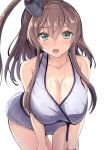  1girl bikini breasts brown_hair gin&#039;ichi_(akacia) green_eyes hair_between_eyes kantai_collection large_breasts leaning_forward looking_at_viewer ponytail saratoga_(kantai_collection) side_ponytail sidelocks simple_background smokestack smokestack_hair_ornament solo striped striped_bikini swimsuit white_background white_bikini 