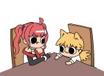  2girls :3 afei_(sfma3248) ahoge animal_ears azur_lane bangs bare_shoulders blonde_hair cat_ears chair chibi commentary_request eyebrows_visible_through_hair girls_frontline hair_between_eyes hair_ornament idw_(girls_frontline) itou_asuka long_hair multiple_girls necktie open_mouth red_hair red_neckwear san_diego_(azur_lane) seiyuu_connection shirt simple_background table twintails upper_body white_background 