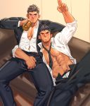  2boys abs bara bare_chest black_hair black_pants bulge chest couch couple crotch_grab crotch_rub drinking drunk facial_hair feet_out_of_frame highres male_focus manly multiple_boys muscle navel navel_hair necktie nipples open_clothes open_pants open_shirt original pants partially_unbuttoned partially_undressed penis_peek short_hair sideburns stubble yaoi 