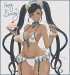  1girl animal_ears artist_name bangs bare_shoulders bear_ears bear_tail black_hair bow breasts brown_eyes cake cake_slice choker cleavage collarbone commentary cream dark_skin dish fake_animal_ears fingernails food fork fruit garter_straps grey_background hair_ornament head_tilt heart heart_tattoo highres holding kumanz long_hair looking_at_viewer maid_headdress medium_breasts navel original parted_bangs parted_lips shiny shiny_skin signature smile solo stomach strawberry tail tattoo thighs tied_hair twintails wrist_cuffs 