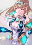 1girl absurdres bangs bare_shoulders blonde_hair breasts chest_jewel cleavage cleavage_cutout clothing_cutout covered_navel cowboy_shot dress earrings elbow_gloves gem gloves highres jewelry large_breasts long_hair looking_at_viewer mythra_(xenoblade) parted_lips risumi_(taka-fallcherryblossom) short_dress solo swept_bangs tiara white_dress white_gloves xenoblade_chronicles_(series) xenoblade_chronicles_2 yellow_eyes 