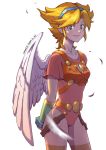  1girl absurdres angel_wings armor blonde_hair breath_of_fire breath_of_fire_i closed_mouth elbow_gloves gloves green_eyes hairband highres leotard looking_at_viewer nina_(breath_of_fire_i) red_leotard short_hair smile snow12 solo thighhighs white_wings wings 