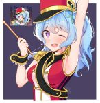  1girl ;d absurdres armpits bang_dream! bangs between_breasts blue_hair blush border breasts cropped_torso drumsticks epaulettes eyebrows_visible_through_hair fringe_trim green_ribbon hair_ribbon hand_up hat highres holding holding_drumsticks looking_at_viewer matsubara_kanon medium_breasts medium_hair one_eye_closed one_side_up open_mouth purple_background purple_eyes reference_photo_inset ribbon round_teeth rustysalmon sash shako_cap sidelocks sleeveless smile solo teeth upper_body wavy_hair white_border wrist_cuffs 