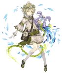  1boy ahoge bag belt bracelet chain flower_wreath full_body gloves green_eyes green_hair harp instrument jewelry ji_no looking_at_viewer navel official_art otoko_no_ko pinocchio_(sinoalice) sash sheer_clothes shoulder_bag sinoalice solo transparent_background white_gloves 