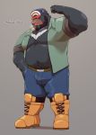  2020 absurd_res anthro beard belly black_body black_fur bottomwear bulge cigar clothed clothing facial_hair flexing fur hat headgear headwear hi_res jumperbear kemono male mammal musclegut open_clothing open_shirt open_topwear overweight overweight_anthro overweight_male pants shirt smoke smoking solo topwear ursid 