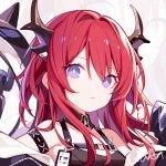  1girl arknights armband bangs bare_shoulders chinese_commentary commentary_request detached_collar eyebrows_visible_through_hair hair_between_eyes horns kurisu_tina long_hair looking_at_viewer purple_eyes red_hair solo surtr_(arknights) upper_body zoom_layer 