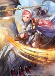  1girl armor axe bangs battle_axe blue_sky cape cherche_(fire_emblem) closed_mouth cloud commentary_request company_connection company_name day dragon fire_emblem fire_emblem_awakening fire_emblem_cipher gauntlets gerome_(fire_emblem) hairband holding holding_weapon lips long_hair looking_at_viewer mask matsurika_youko official_art outdoors pink_hair red_eyes shiny shiny_hair short_hair sky slashing smile solo weapon wings wyvern 