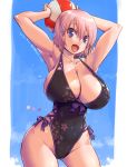  1girl amania_orz armpits arms_behind_head arms_up ball beachball breasts cameltoe cherry_blossom_print cleavage cowboy_shot floral_print highleg huge_breasts looking_at_viewer one-piece_swimsuit original pink_hair purple_eyes short_hair smile solo swimsuit thick_thighs thighs 