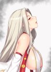  1girl aster_crowley bangs bare_shoulders blush breast_curtains breasts detached_sleeves dress_of_heaven fate/grand_order fate_(series) highres irisviel_von_einzbern irisviel_von_einzbern_(caster) large_breasts long_hair looking_at_viewer navel open_mouth red_eyes solo white_hair 