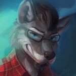  1:1 antanariva anthro black_nose blue_eyes canid canine canis clothed clothing digital_media_(artwork) eyewear fur glasses grey_body grey_fur headshot_portrait male mammal portrait solo teeth wolf 