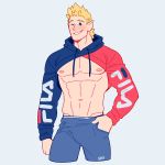  1boy abs absurdres alternate_costume bara bare_chest blonde_hair blue_eyes blush boku_no_hero_academia chest cropped_hoodie cropped_legs denim edie_crop_hoodie facial_hair feraltintinsimp flying_sweatdrops goatee highres hood hoodie jeans male_focus manly meme_attire muscle navel navel_hair nipples one_eye_closed pants pectorals revealing_clothes short_hair sideburns smile solo spiked_hair toogata_mirio 