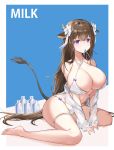  1girl animal_ears azur_lane bangs bare_legs bare_shoulders barefoot bikini blue_background blush bottle breasts brown_hair cleavage collarbone cow_ears cow_girl cow_horns cow_tail english_text flower hair_flower hair_ornament highres horns huge_breasts kashino_(after-bath_pleasure)_(azur_lane) kashino_(azur_lane) laevan long_hair long_sleeves looking_at_viewer milk_bottle mouth_hold purple_eyes solo swimsuit tail thigh_strap very_long_hair white_bikini white_flower 