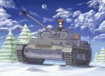  1girl absurdres artist_request brown_eyes brown_hair caterpillar_tracks cloud commentary_request day girls_und_panzer ground_vehicle highres military military_vehicle motor_vehicle nishizumi_miho ooarai_military_uniform panzerkampfwagen_iv short_hair sky smile snow tank tree 