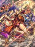  1girl 3boys armor bangs blue_eyes blue_hair boots breastplate cape castle commentary_request company_connection company_name falchion_(fire_emblem) fire_emblem fire_emblem:_mystery_of_the_emblem fire_emblem_cipher gauntlets helmet holding holding_sword holding_weapon izuka_daisuke jewelry kris_(fire_emblem) leg_up long_hair marth_(fire_emblem) multiple_boys official_art open_mouth outdoors pants sheath shiny shiny_hair shiny_skin short_hair shorts shoulder_armor sword thigh_boots thighhighs thighs tiara tied_hair weapon white_footwear 