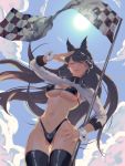  1girl absurdres animal_ears atago_(azur_lane) atago_(stunning_speedster)_(azur_lane) azur_lane bangs bikini black_bikini black_hair black_legwear blue_sky breasts brown_eyes checkered checkered_flag cleavage cloud flag hand_on_hip highres l102016695 long_hair looking_at_viewer mole mole_under_eye navel sky smile solo sun swimsuit wrist_cuffs 