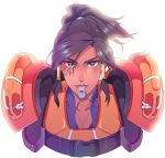  1girl alternate_costume armor black_hair breasts brown_eyes cleavage dark_skin eye_of_horus facial_tattoo hair_tubes highres life_vest lifeguard_pharah lips medium_hair mingway mouth_hold overwatch pharah_(overwatch) ponytail portrait shoulder_armor solo tattoo whistle 