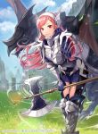  1girl armor armored_boots axe bangs battle_axe blue_sky boots cherche_(fire_emblem) closed_mouth cloud cloudy_sky commentary_request company_connection company_name day dragon dress fire_emblem fire_emblem_awakening fire_emblem_cipher gauntlets grass hairband holding holding_weapon leaning_forward lips long_hair long_sleeves looking_at_viewer matsurika_youko official_art outdoors pink_hair puffy_sleeves red_eyes short_dress sky smile solo sparkle weapon wyvern 