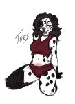  2019 anthro arm_support biped black_body black_ears black_fur black_hair breasts canid canine canis choker clothing colored_sketch cropped_hoodie dalmatian domestic_dog eyewear faizenek female floppy_ears fur glasses hair half-closed_eyes hi_res hoodie jewelry looking_down mammal midriff narrowed_eyes navel necklace open_mouth open_smile pink_eyes red_clothing red_hoodie red_topwear simple_background sitting sleeveless_hoodie small_breasts smile solo spots spotted_body spotted_fur topwear white_background white_body white_fur 