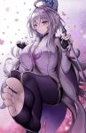  1girl absurdres ahoge bangs black_gloves black_pants breasts fate/grand_order fate/prototype fate_(series) feet fingerless_gloves foot_up gloves highres holding holding_staff large_breasts legs long_hair long_sleeves looking_at_viewer merlin_(fate/prototype) pants petals purple_eyes roina_(pixiv40428837) sitting smile soles staff toes very_long_hair white_hair white_robe wide_sleeves 