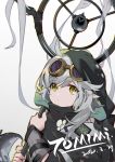  1girl absurdres ahoge arknights bangs character_name dated eyebrows_visible_through_hair goggles goggles_on_head grey_background highres holding holding_staff hood long_hair pointy_ears siguma_(13238772100) silver_hair solo staff tomimi_(arknights) upper_body yellow_eyes 