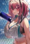  1girl absurdres azur_lane bangs bare_shoulders black_bra blue_sky blush bottle bra breasts bremerton_(azur_lane) bremerton_(scorching-hot_training)_(azur_lane) chain-link_fence cleavage collarbone fence hair_ornament hairclip heart heart_necklace highres large_breasts long_hair looking_at_viewer mole mole_under_eye navel open_mouth pink_eyes pink_hair pouring_onto_self sidelocks sky smile sportswear tennis_uniform torriet twintails two-tone_shirt underwear water_bottle wet 